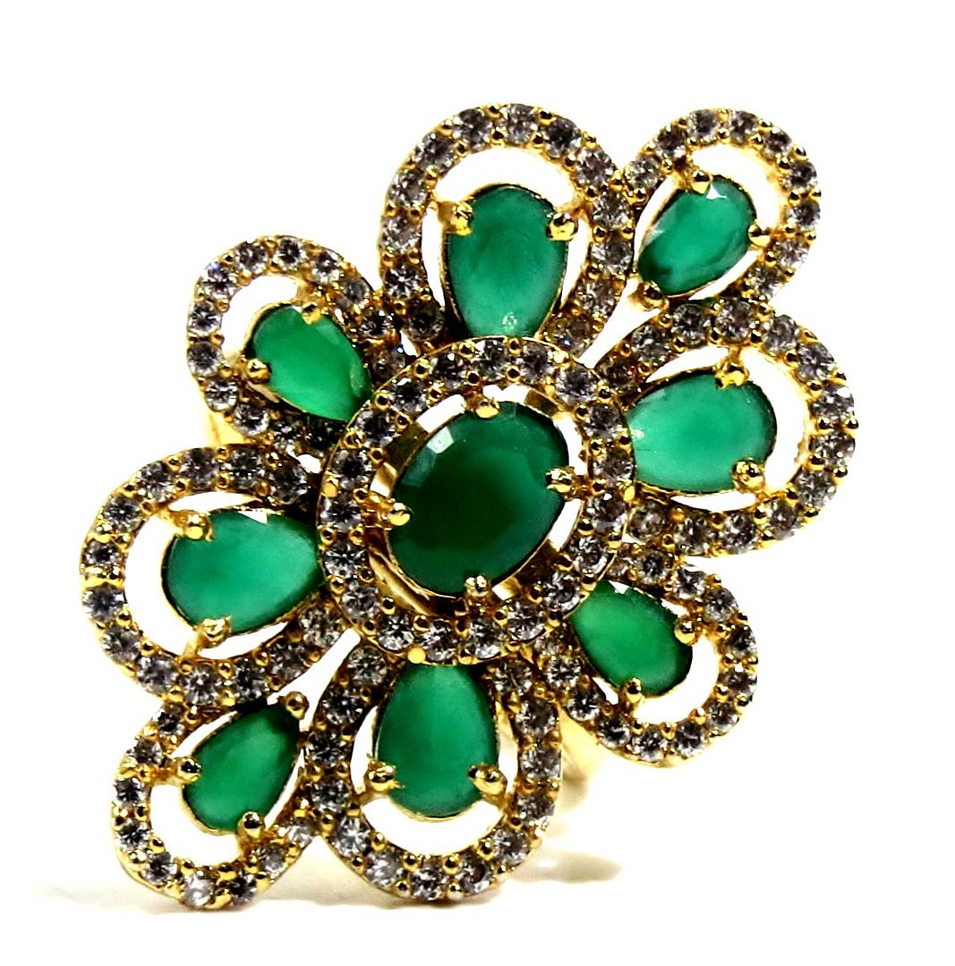 Jewelshingar Jewellery American Diamond Green Colour Size Freesize Gold Plated Ring For Girls ( 93756FSR )