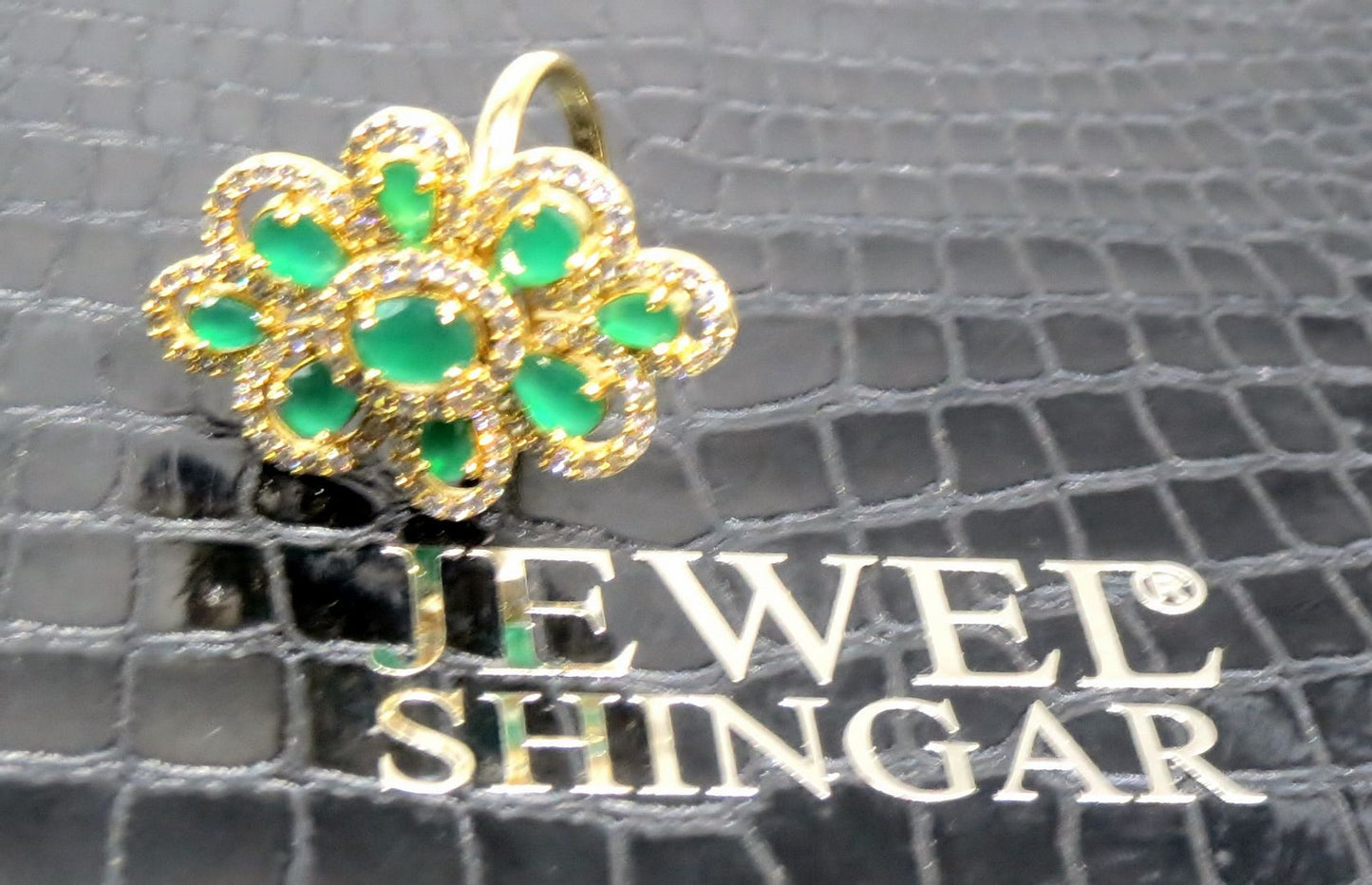 Jewelshingar Jewellery American Diamond Green Colour Size Freesize Gold Plated Ring For Girls ( 93756FSR )