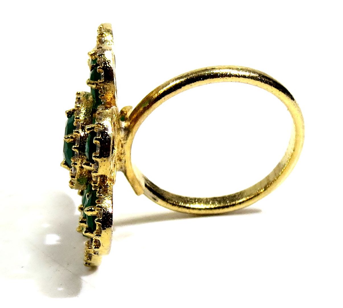 Jewelshingar Jewellery American Diamond Green Colour Size Freesize Gold Plated Ring For Girls ( 93756FSR )