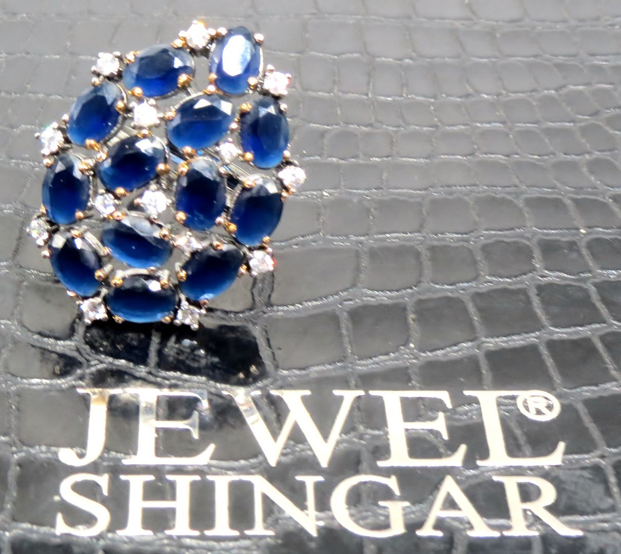 Jewelshingar Jewellery American Diamond Blue Colour Size Freesize Victorian Plated Ring For Girls ( 93761FSR )