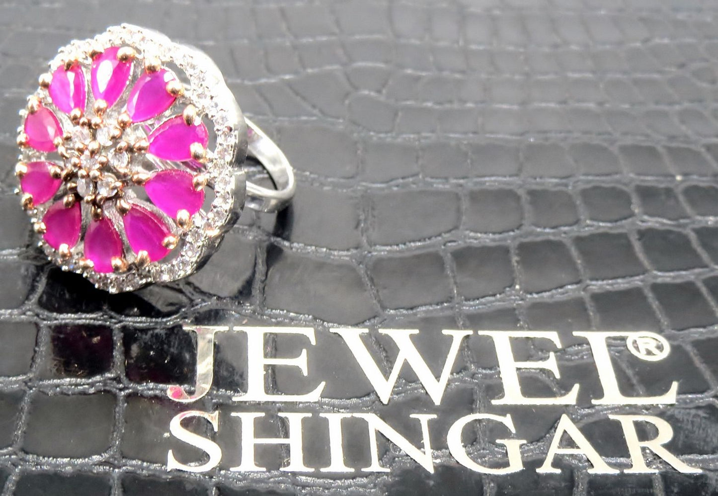 Jewelshingar Jewellery American Diamond Red Colour Size Freesize Silver Plated Ring For Girls ( 93780FSR )