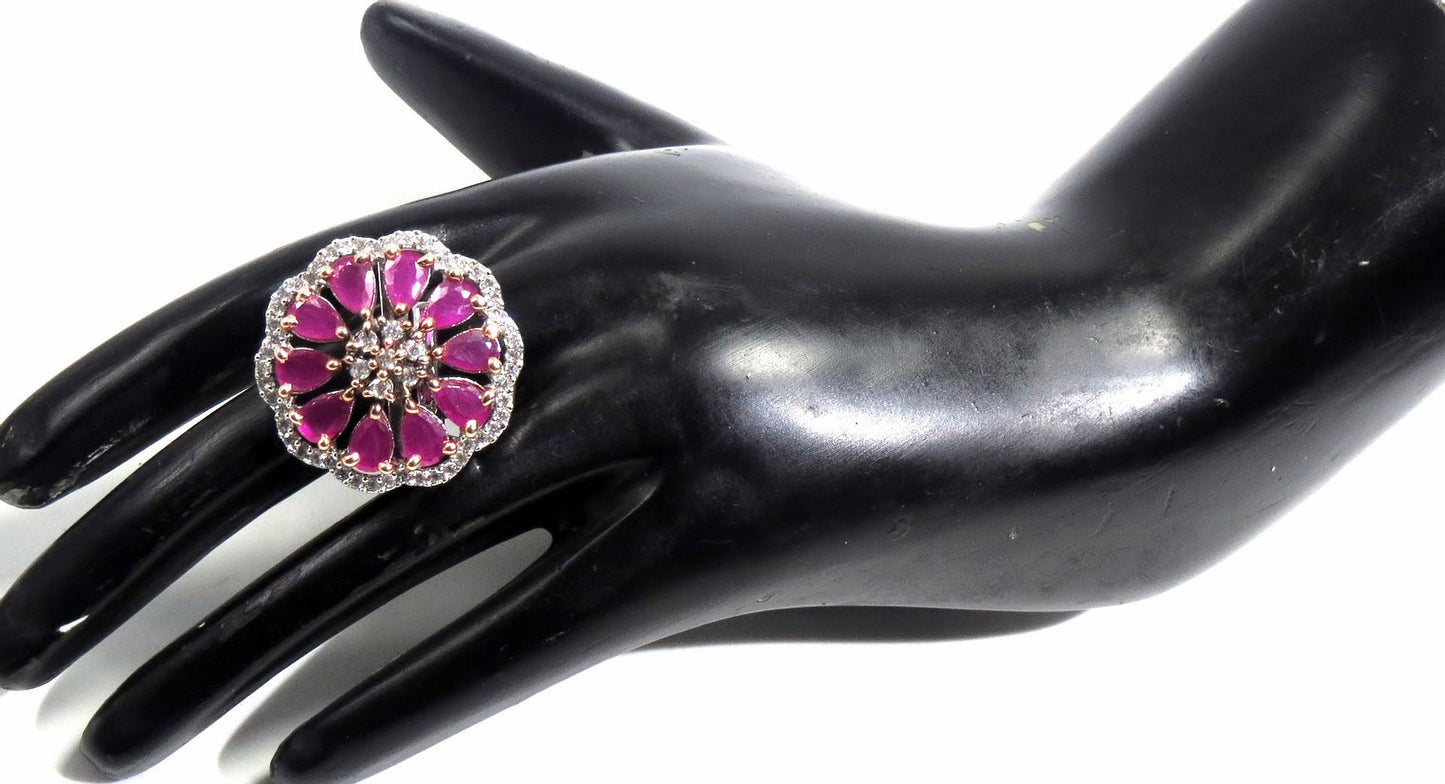 Jewelshingar Jewellery American Diamond Red Colour Size Freesize Silver Plated Ring For Girls ( 93780FSR )