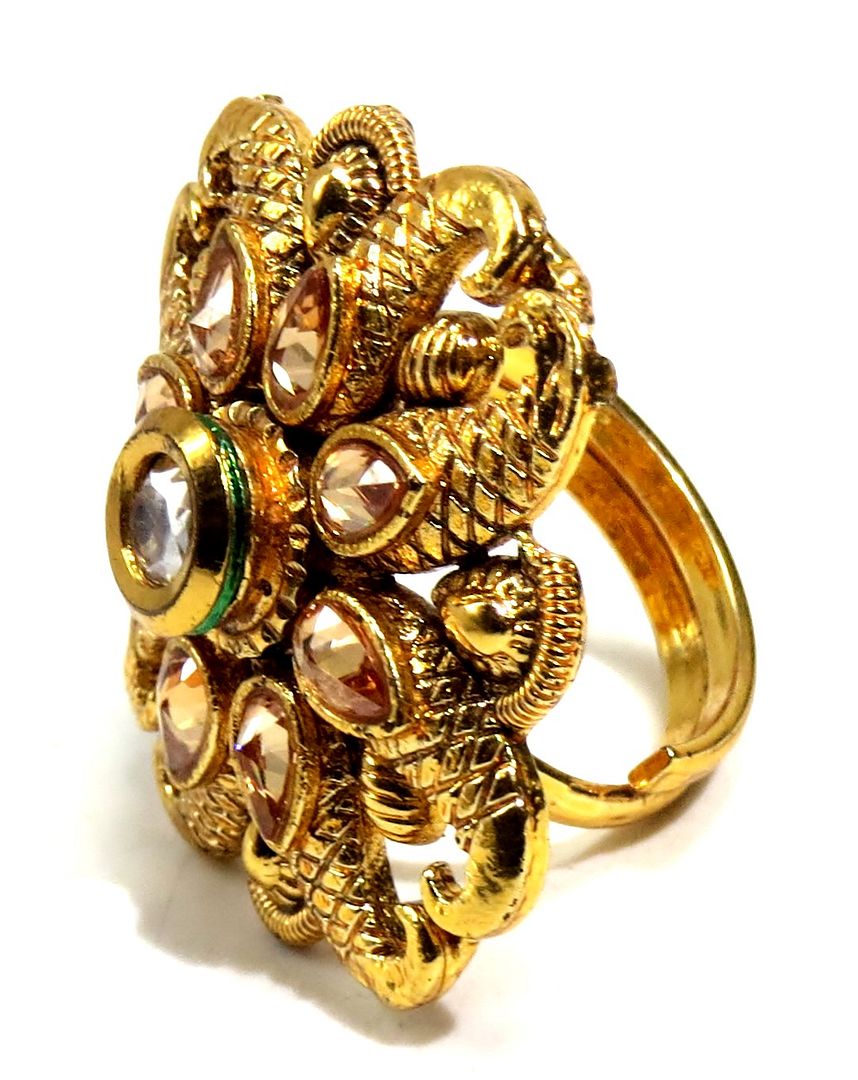 Jewelshingar Jewellery American Diamond Brown Colour Size Freesize Antique Plated Ring For Girls ( 93820FSR )