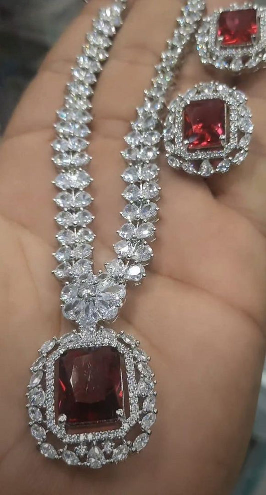 Zircon Necklace In Ruby Colour And Silver Plating By Chokerset NKWA0139