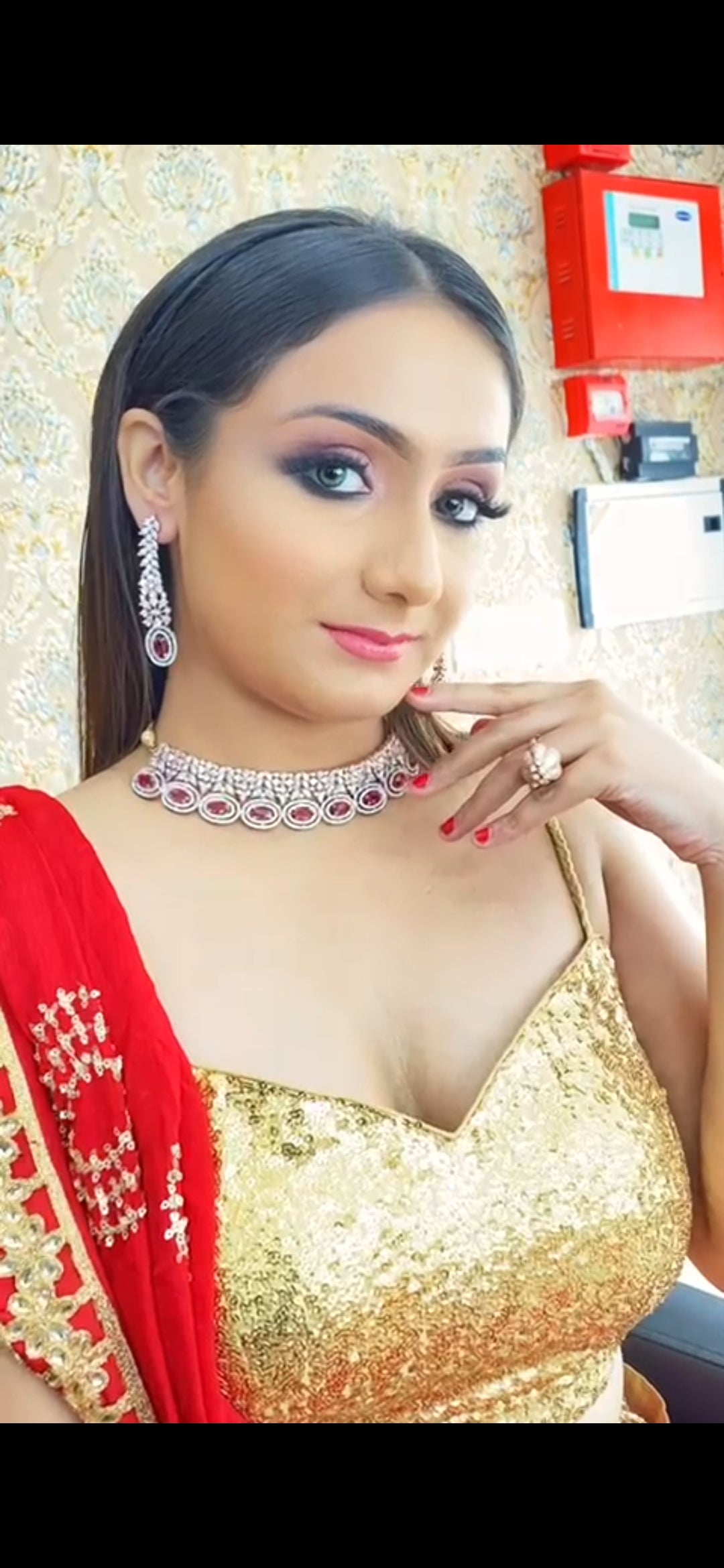 Jewelshingar Jewellery Fine American Diamond Gold Plated Red Colour Necklace For Women ( 60773NAD )