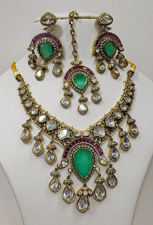 Antique Gold Forming Necklace Earrings Maangtikka By Chokerset NECK4706