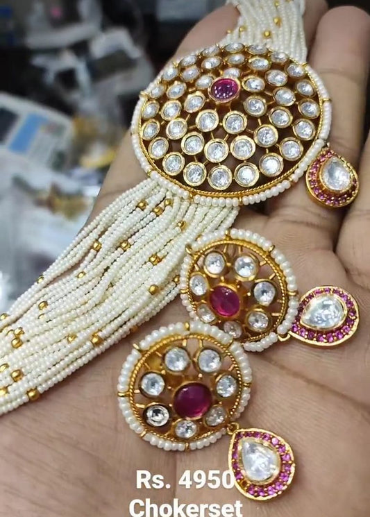 Kundan Necklace In Ruby Colour And Gold Plating By Chokerset NKWA0007