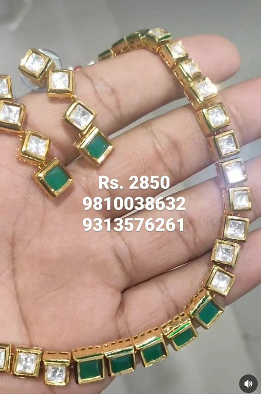 Kundan Necklace In Green Colour And Gold Plating By Chokerset NKWA0011
