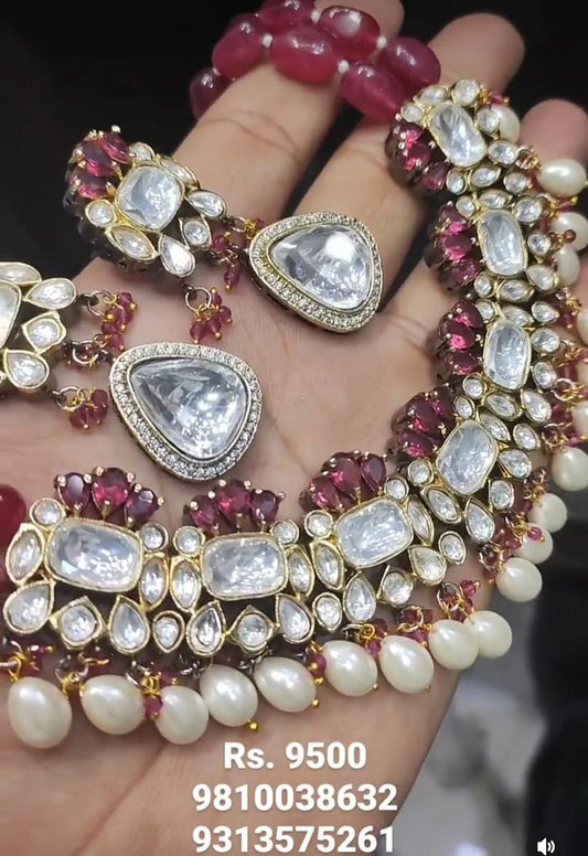 Kundan Necklace In Ruby Colour And Gold Plating By Chokerset NKWA0015