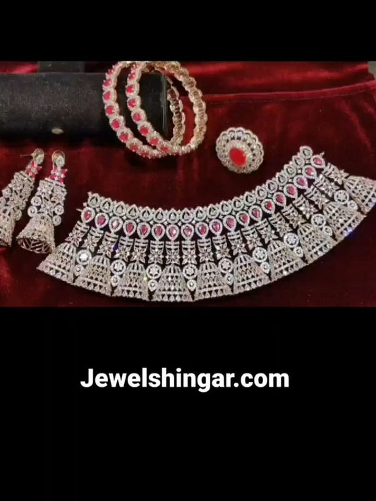 Zircon Necklace In Ruby Colour And Rose Gold Plating By Chokerset NKWA0126