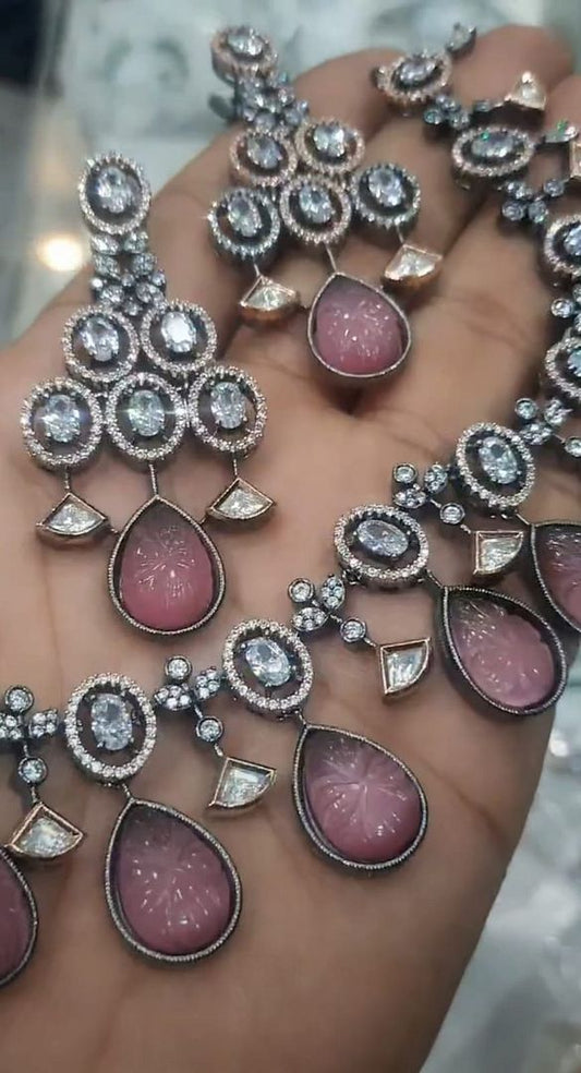 Zircon Necklace In Pink Colour And Silver Plating By Chokerset NKWA0145