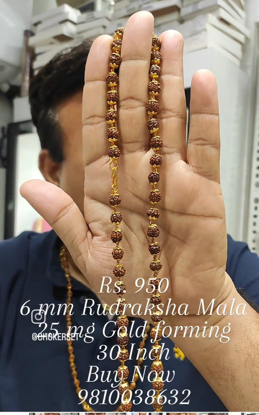 RUDRAKSHA MALA 6 MM 30 SIZE (76.2 CMS), 25 MG GOLD FORMING CHAIN BY CHOKERSET 77740906