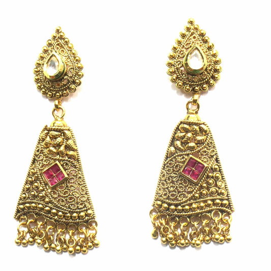 Jewelshingar Jewellery Antique Gold Plated Polki Kundan Earrings Danglers For Women ( 16040-pe-red ) - JEWELSHINGAR