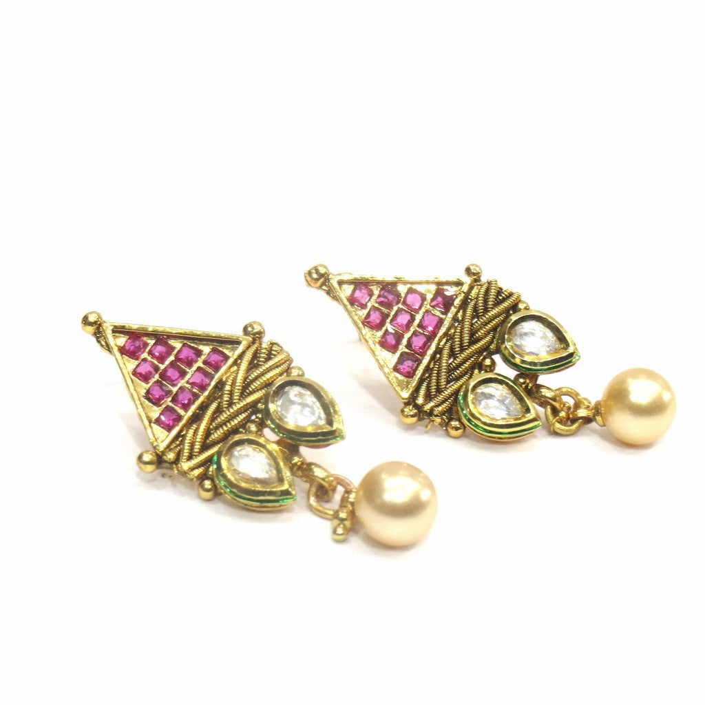 Jewelshingar Jewellery Antique Gold Plated Polki Kundan Earrings Danglers For Women ( 17038-pe-ruby ) - JEWELSHINGAR