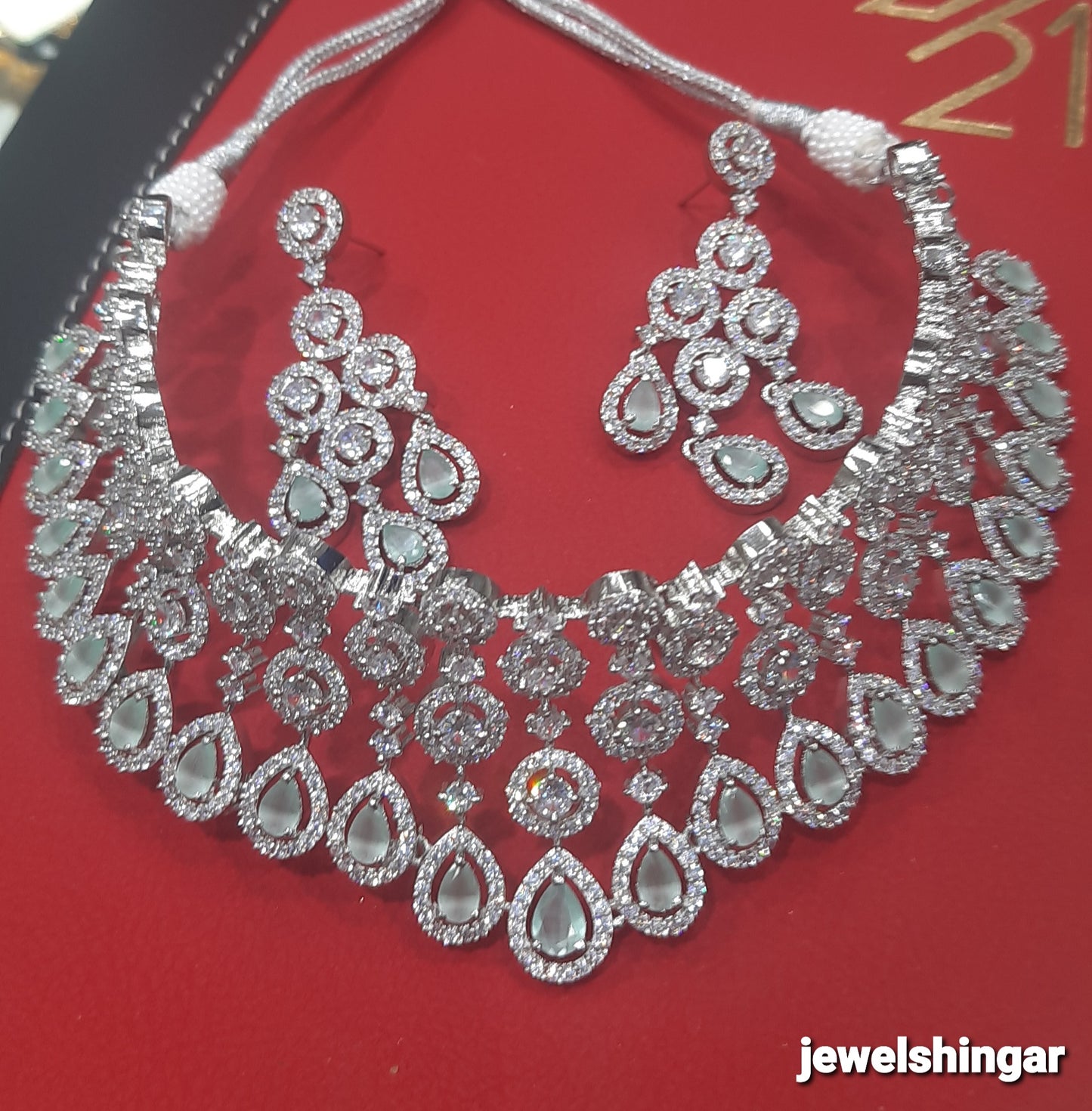 JEWELSHINGAR FINE PINK ZIRCON SILVER PLATED DIAMOND LOOKING NECKLACE SET IN CHOKER STYLE WITH EARRINGS FOR GIRLS (233122JS)