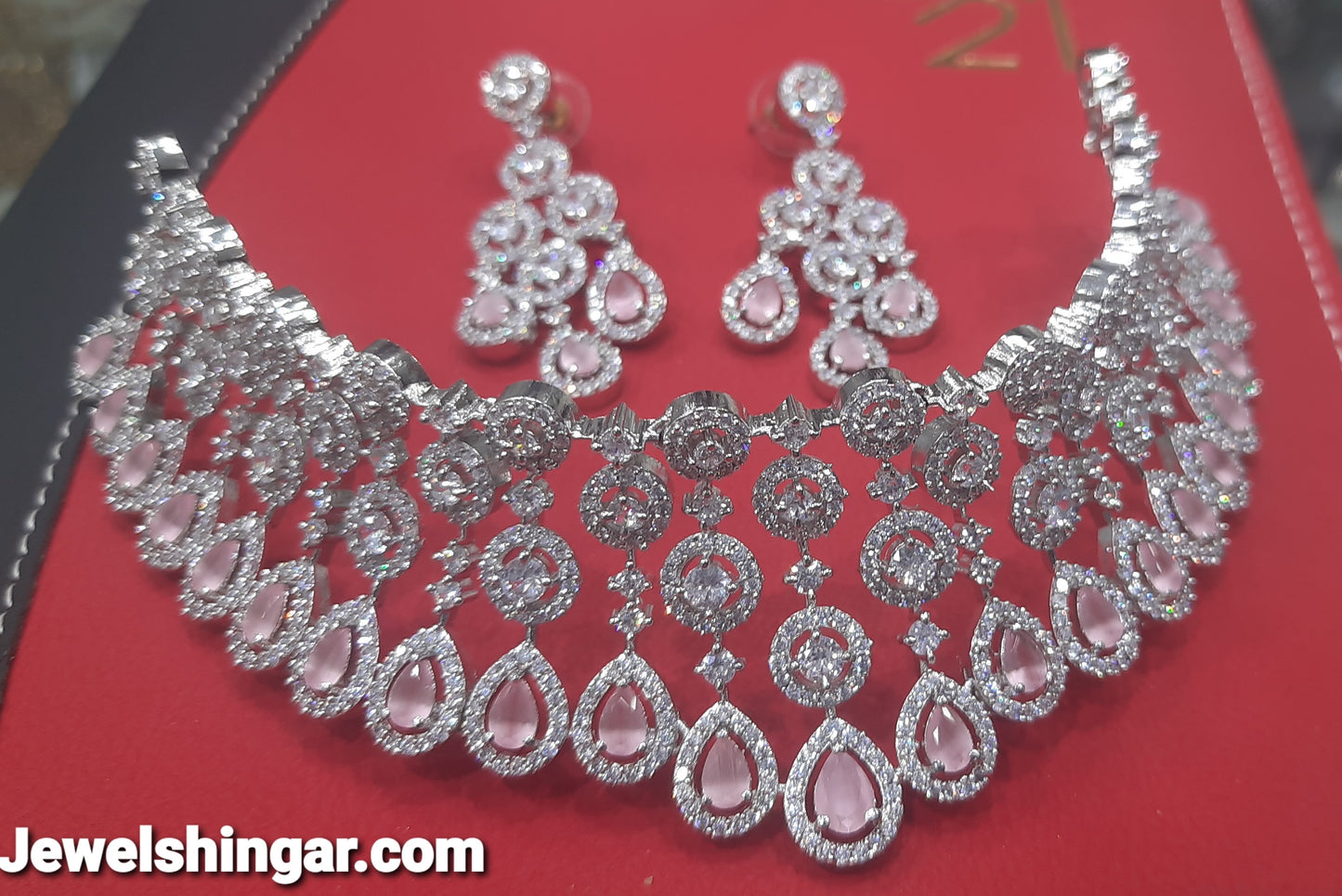 JEWELSHINGAR FINE PINK ZIRCON SILVER PLATED DIAMOND LOOKING NECKLACE SET IN CHOKER STYLE WITH EARRINGS FOR GIRLS (233122JS)