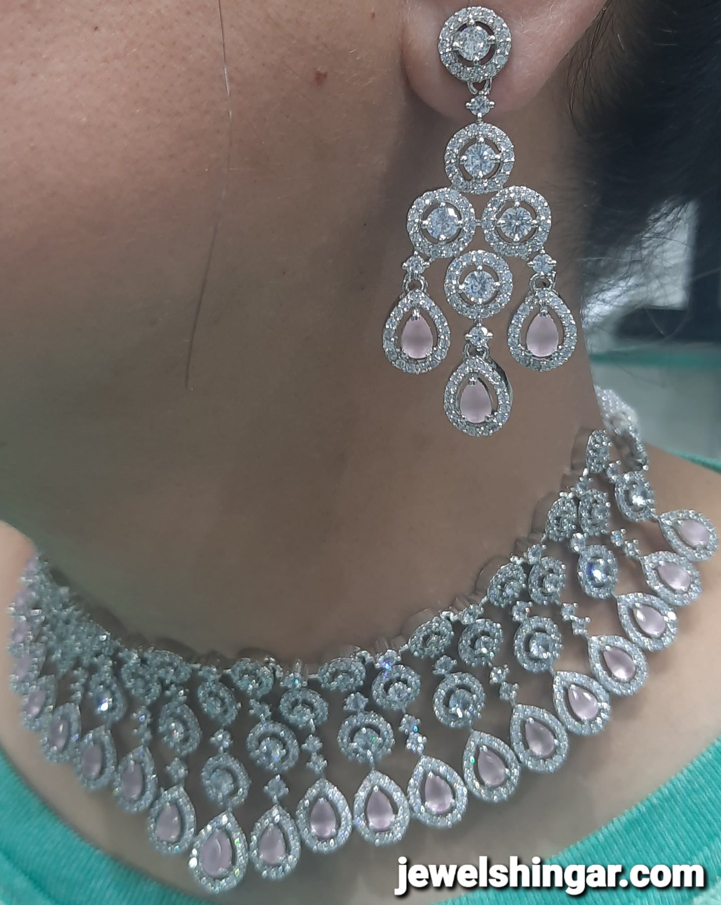 JEWELSHINGAR FINE PINK ZIRCON SILVER PLATED DIAMOND LOOKING NECKLACE SET IN CHOKER STYLE WITH EARRINGS FOR GIRLS (233122JS)