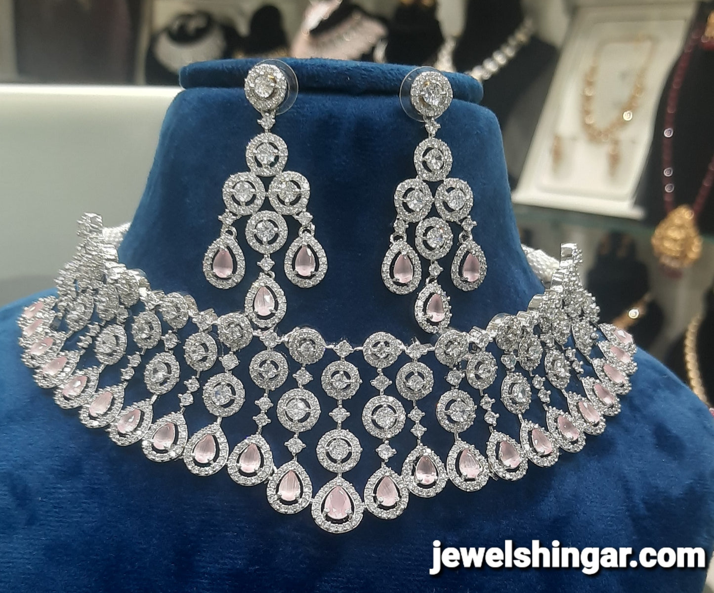 JEWELSHINGAR FINE PINK ZIRCON SILVER PLATED DIAMOND LOOKING NECKLACE SET IN CHOKER STYLE WITH EARRINGS FOR GIRLS (233122JS)