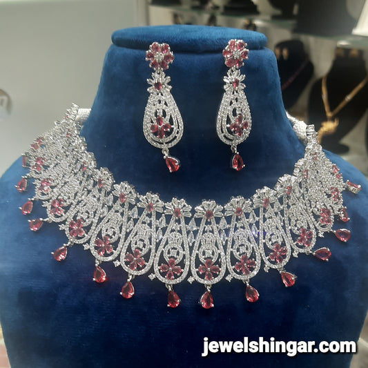 JEWELSHINGAR FINE RUBY ZIRCON SILVER PLATED DIAMOND LOOKING NECKLACE SET IN CHOKER STYLE WITH EARRINGS FOR GIRLS (233653JS)