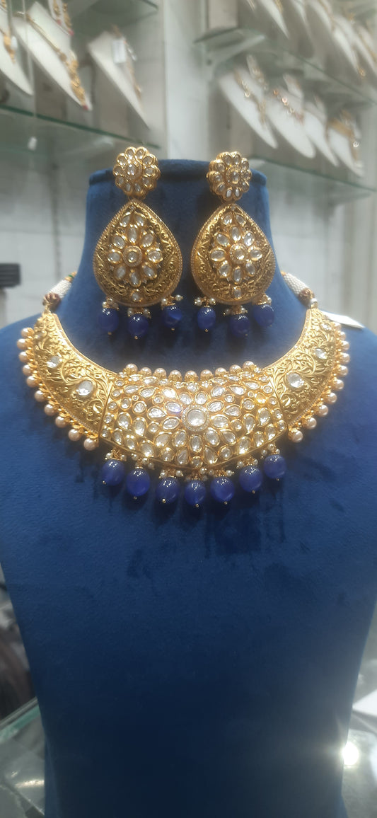 Jewelshingar fine polki kundan necklace set with blue drops with earrings for woman (180656JS)