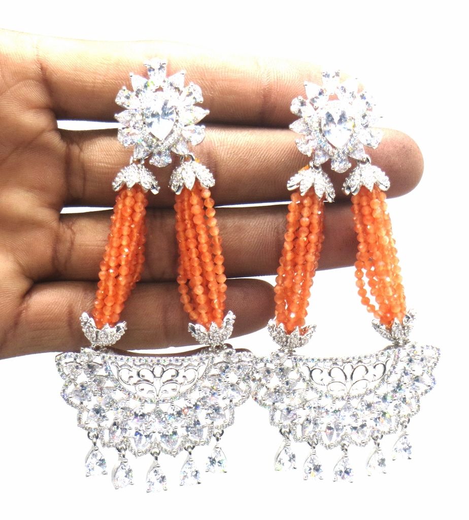 Jewelshingar Jewellery Silver Plating Orange Colour Earrings For Women ( 48526-ead )