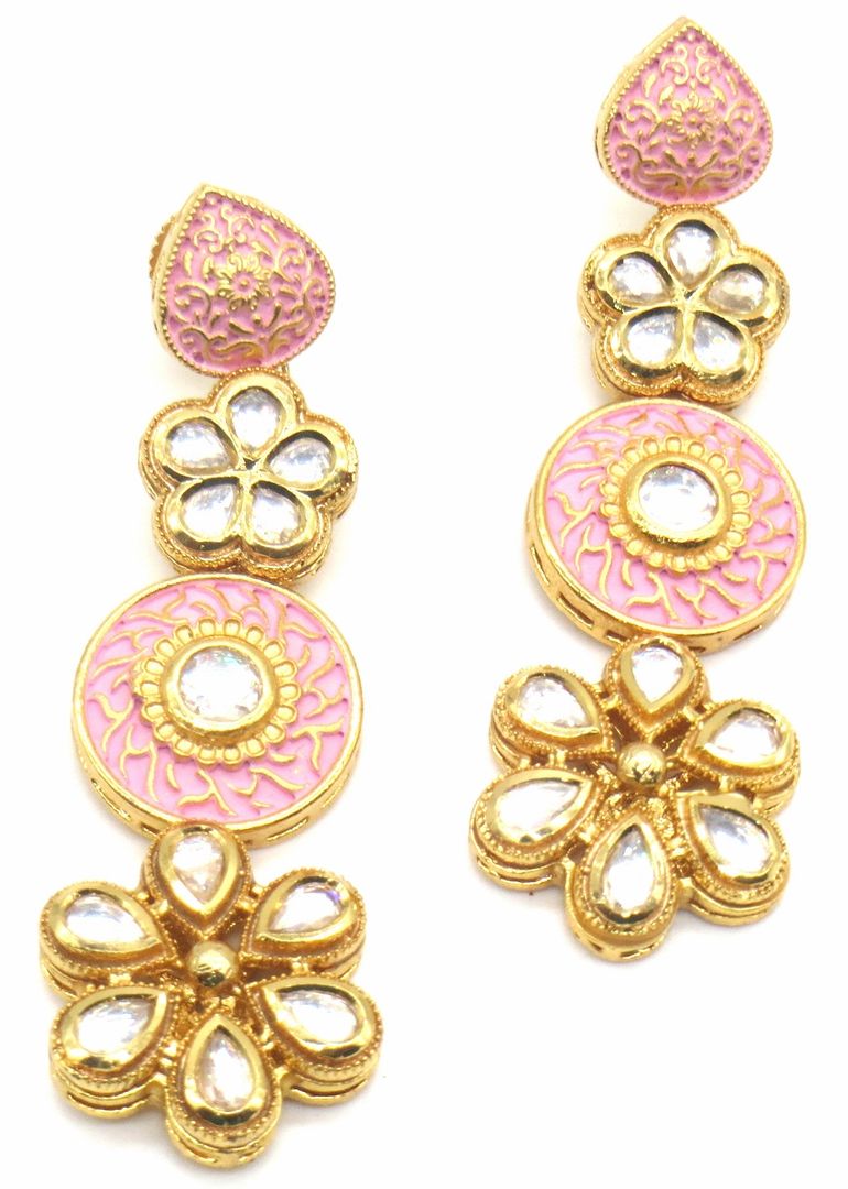 Jewelshingar Jewellery Antique Plating Pink Colour Dangle & Drop Earrings For Women ( 49246-ace )