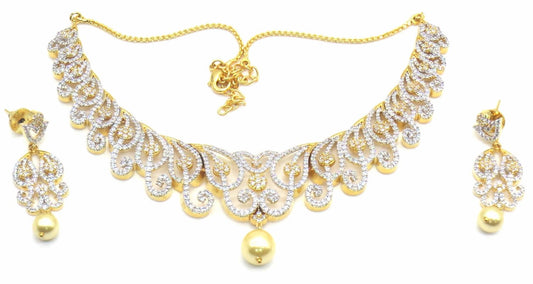 Jewelshingar Jewellery Silver Gold Plated Colour Clear Necklace Set For Women ( 49412-nad )