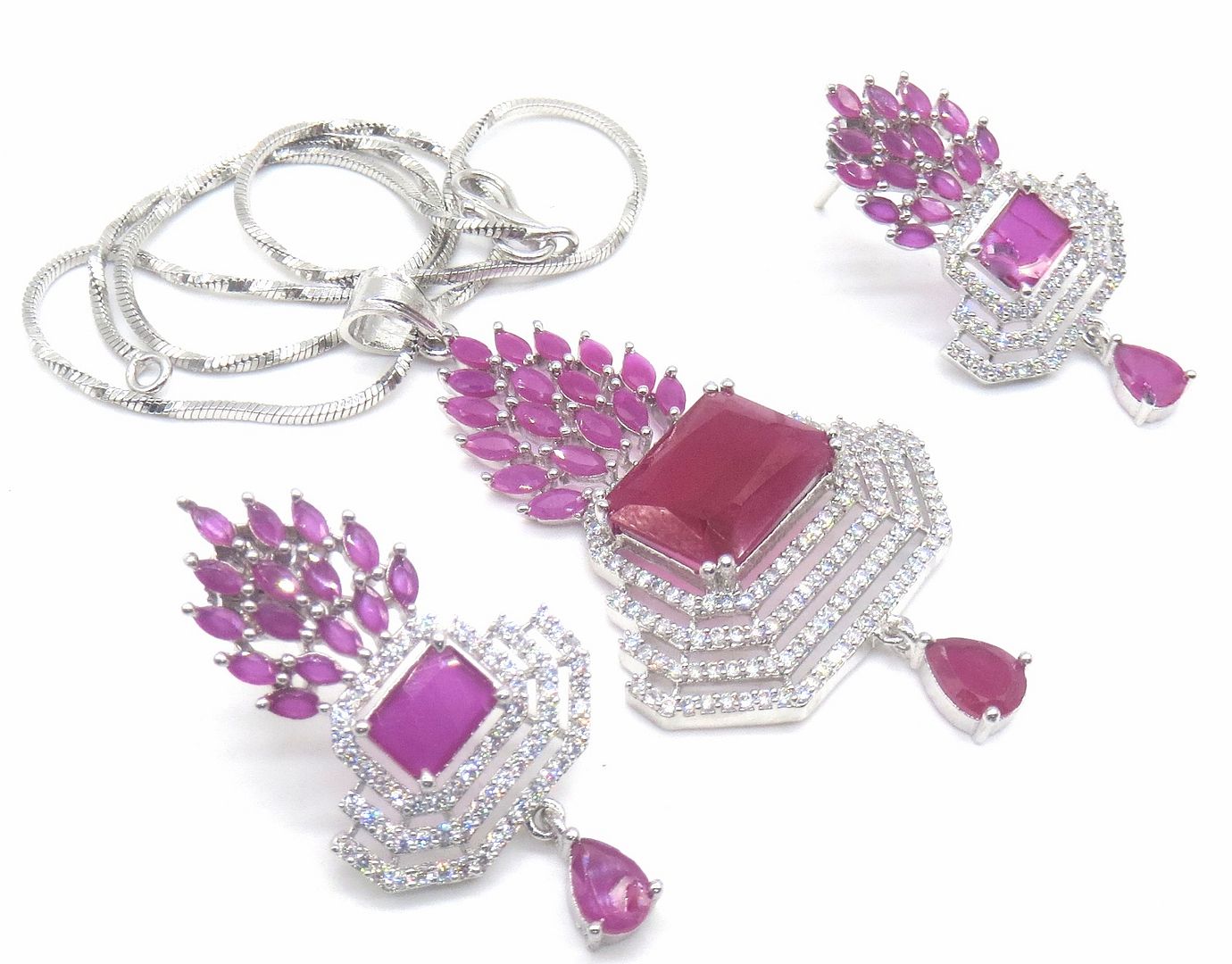 Jewelshingar Jewellery Rhodium Plated Colour Ruby Pendant Set For Women ( 49571-psad )