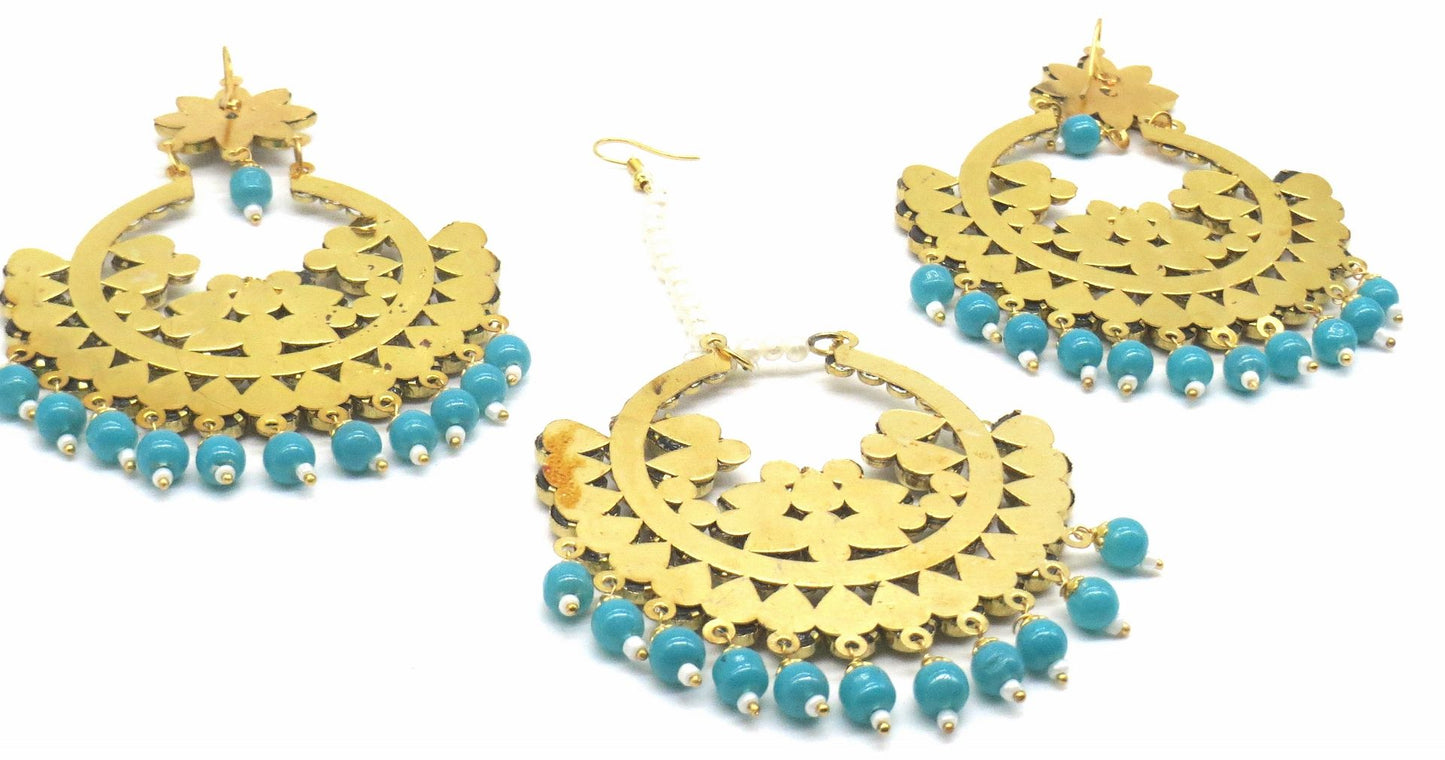 Jewelshingar Jewellery Firozi Colour Maangtikka Earring For Women ( 55837MES )