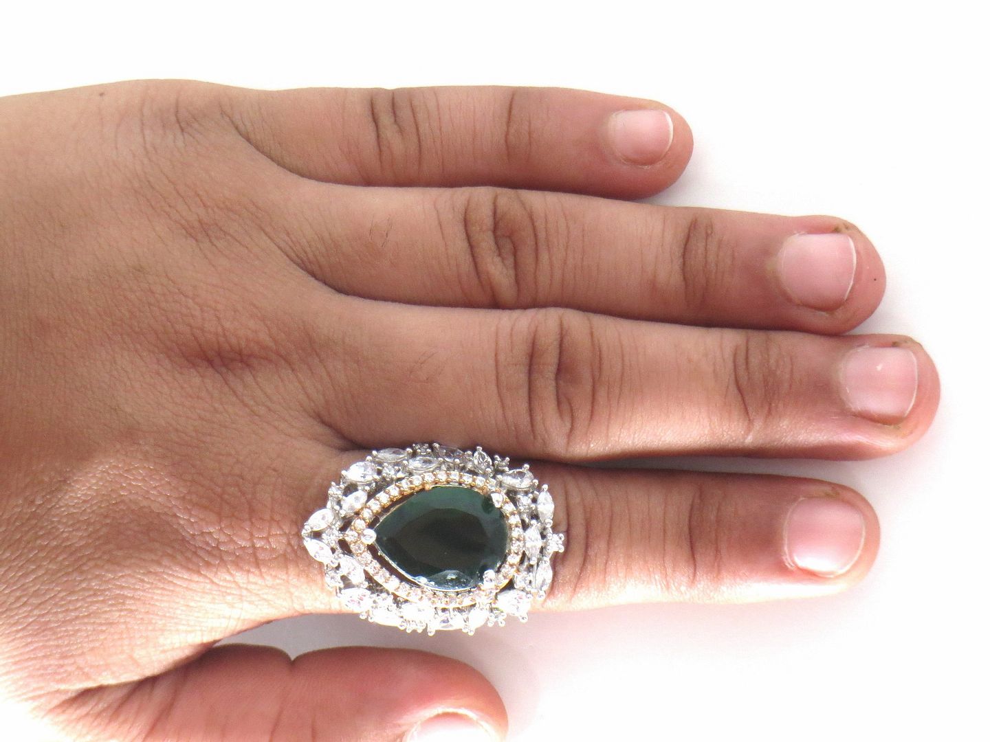 Jewelshingar Jewellery American Diamond Green Colour Size 15 Silver Plated Ring For Girls ( 58977RIN )