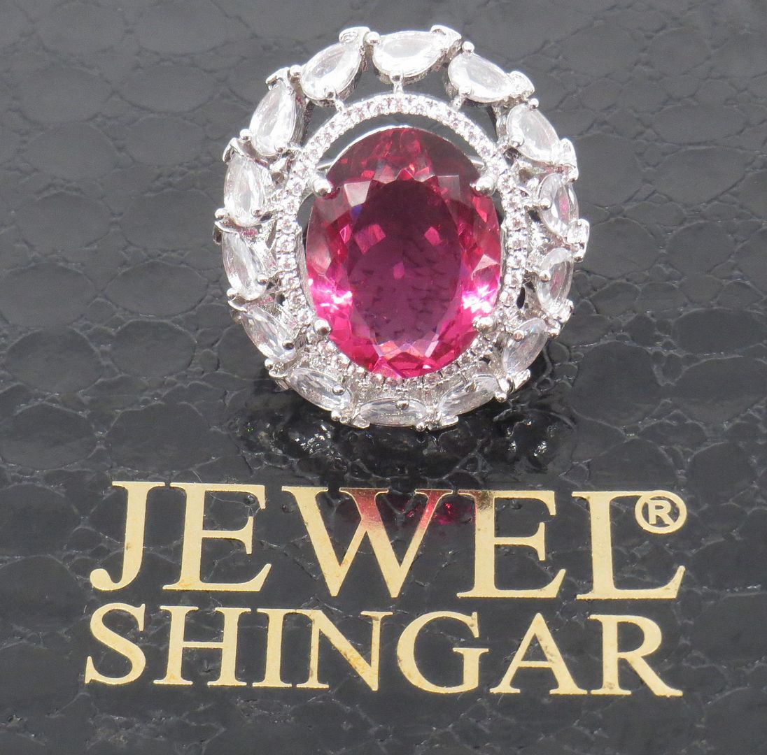 Jewelshingar Jewellery American Diamond Pink Colour Size 13 Silver Plated Ring For Girls ( 58984RIN )
