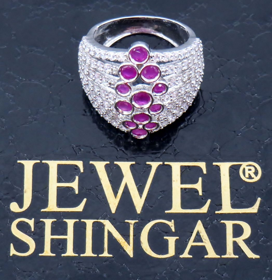 Jewelshingar Jewellery American Diamond Pink Colour Size 15 Silver Plated Ring For Girls ( 59043RIN )