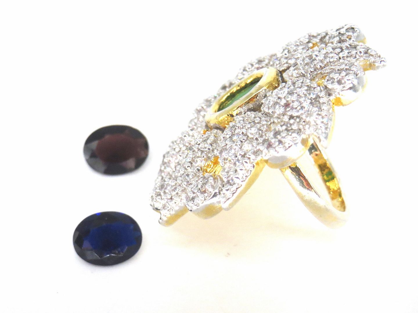 Jewelshingar Jewellery American Diamond Green Colour Size 9 Gold Plated Ring For Girls ( 59091RIN )