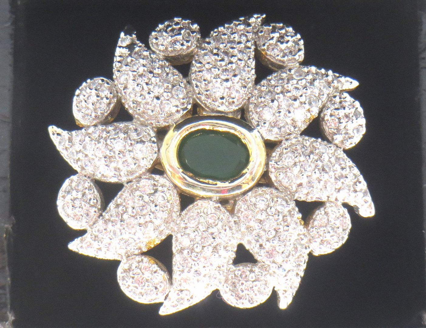 Jewelshingar Jewellery American Diamond Green Colour Size 9 Gold Plated Ring For Girls ( 59091RIN )