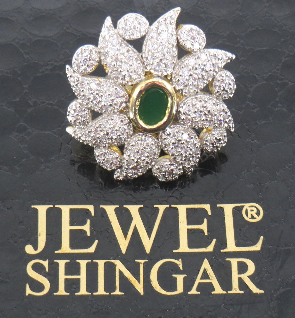 Jewelshingar Jewellery American Diamond Green Colour Size 9 Gold Plated Ring For Girls ( 59091RIN )