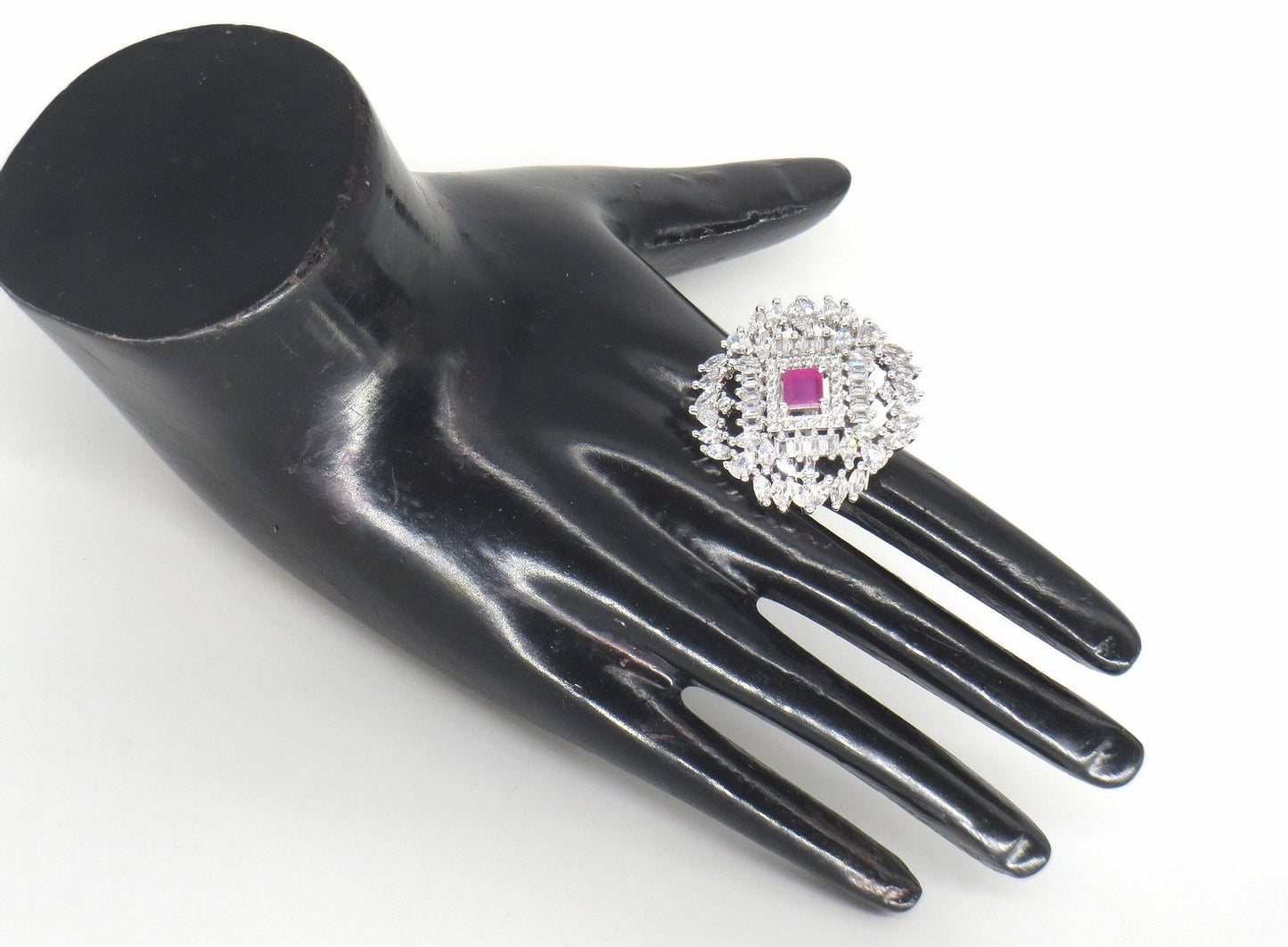 Jewelshingar Jewellery American Diamond Pink Colour Size Freesize Silver Plated Ring For Girls ( 59735FSR )