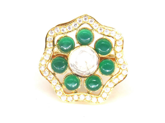 Jewelshingar Jewellery American Diamond Green Colour Size 14 Gold Plated Ring For Girls ( 60020SSR )