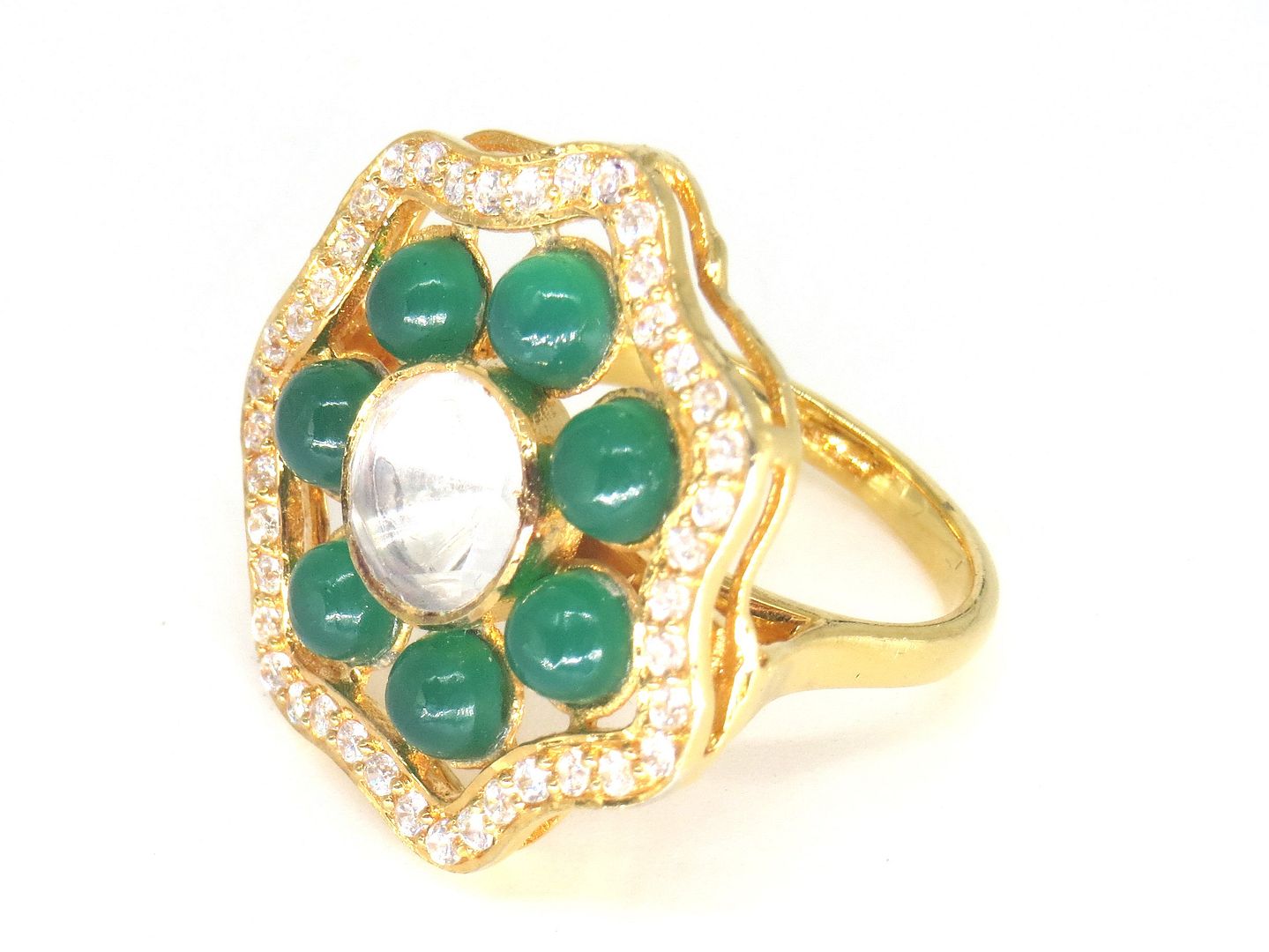 Jewelshingar Jewellery American Diamond Green Colour Size 14 Gold Plated Ring For Girls ( 60020SSR )