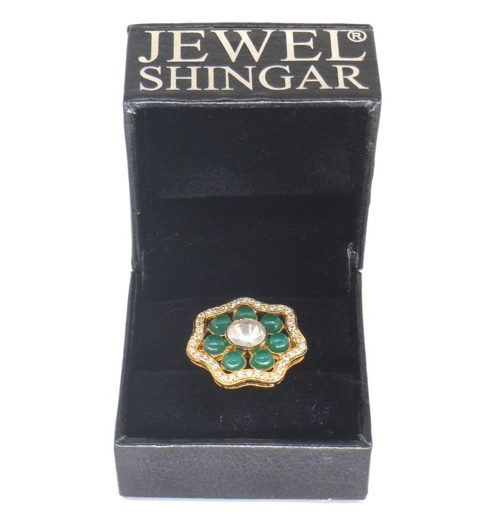 Jewelshingar Jewellery American Diamond Green Colour Size 14 Gold Plated Ring For Girls ( 60020SSR )