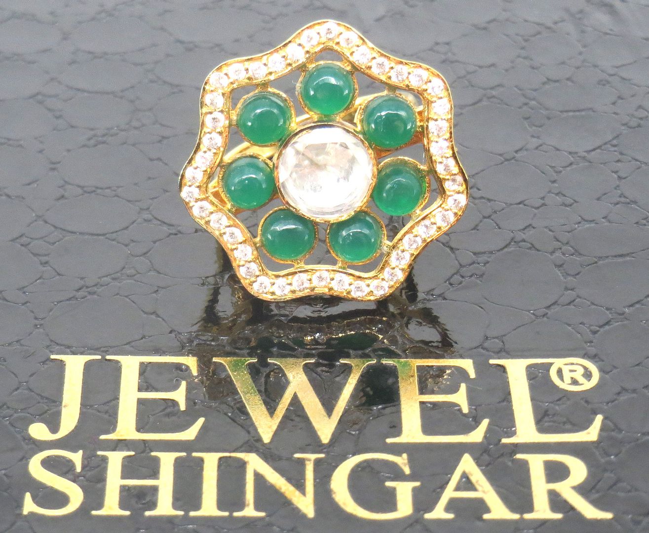 Jewelshingar Jewellery American Diamond Green Colour Size 14 Gold Plated Ring For Girls ( 60020SSR )