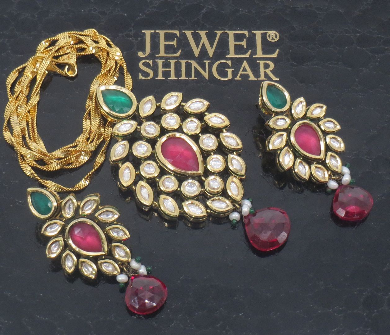 Jewelshingar Jewellery Gold Plated Diamond Colour  Multi Polki Kundan Pendant Set For Women ( 60075DCP )