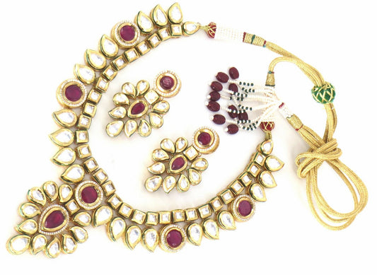 Jewelshingar Jewellery Gold Plated Diamond Colour Pink Polki Kundan Pendant Set For Women ( 60128ACS )