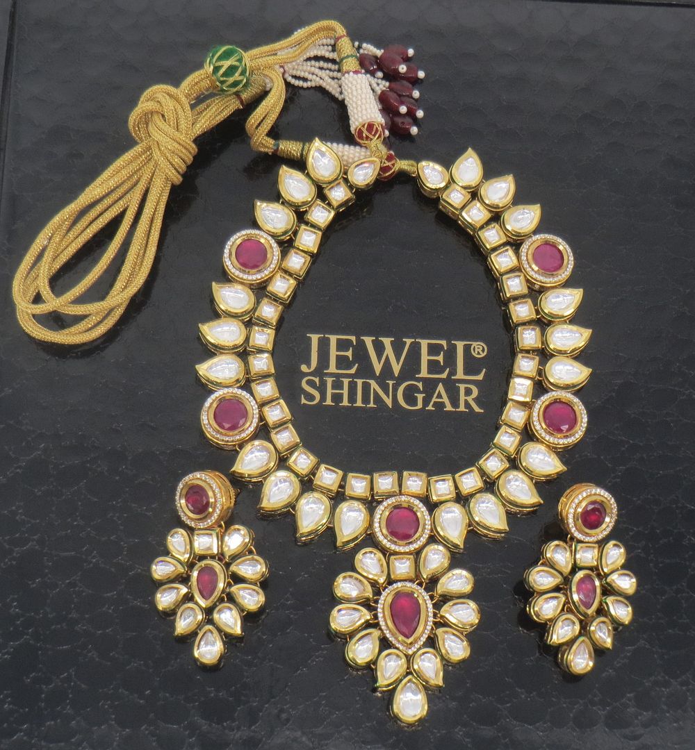 Jewelshingar Jewellery Gold Plated Diamond Colour Pink Polki Kundan Pendant Set For Women ( 60128ACS )