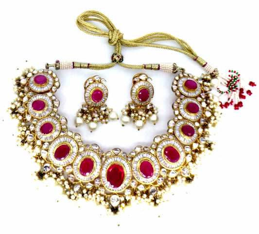 Jewelshingar Jewellery Gold Plated Diamond Colour Pink Polki Kundan Necklace For Women ( 60164ACS )