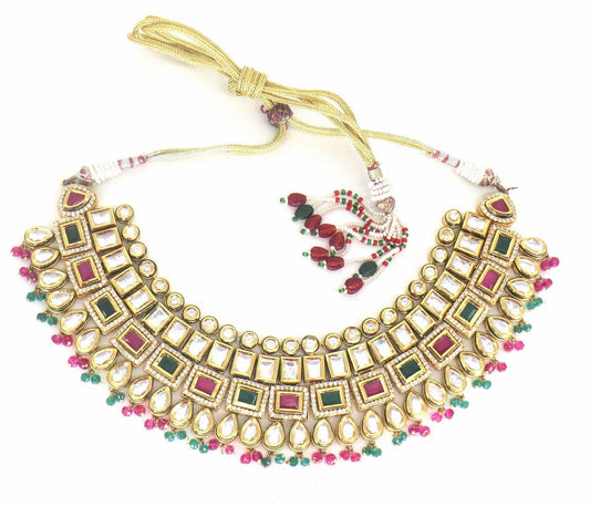 Jewelshingar Jewellery Gold Plated Diamond Colour  Multi Polki Kundan Necklace For Women ( 60169ACN )