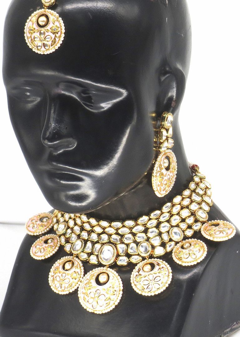 Jewelshingar Jewellery Fine Antique Polki Kundan Gold Plated Pink Colour Necklace For Women ( 60269ACS )