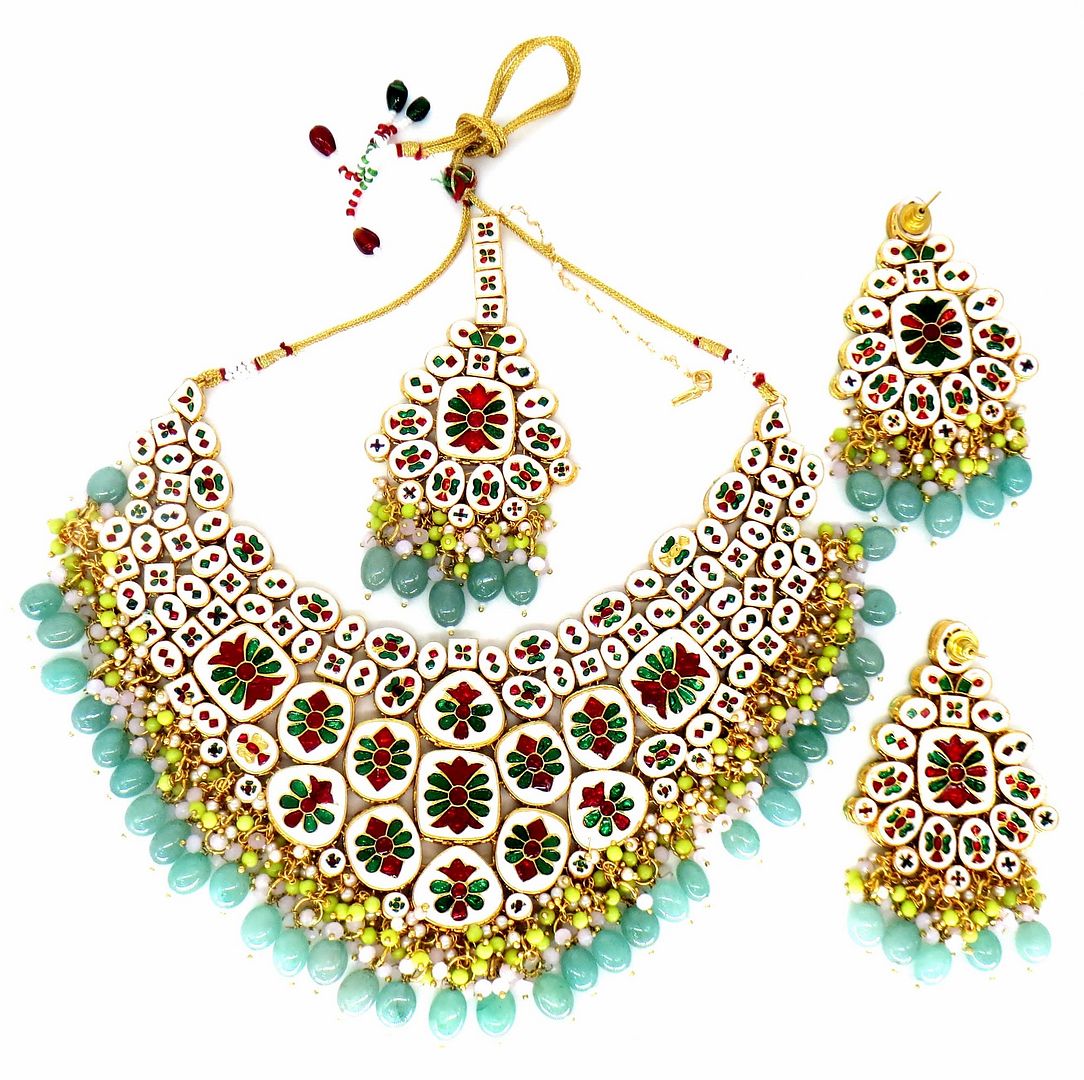 Jewelshingar Jewellery Fine Antique Polki Kundan Gold Plated Multi Colour Necklace For Women ( 60438ACS )