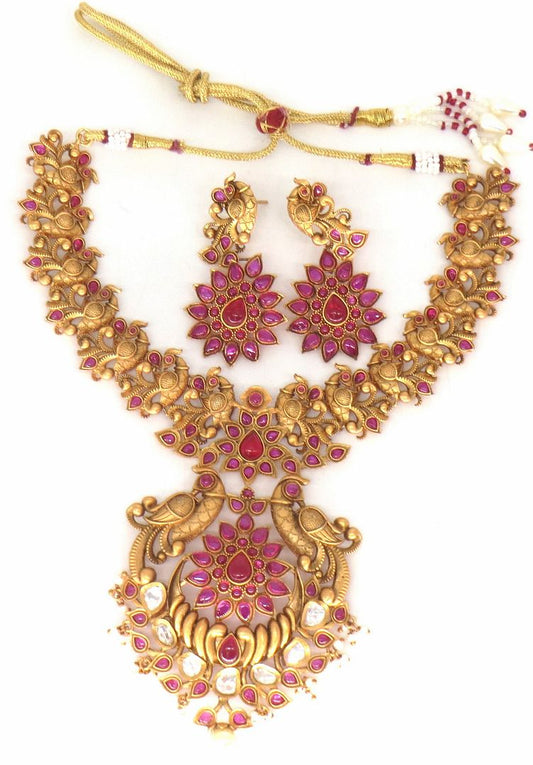 Jewelshingar Jewellery Fine Antique Polki Kundan Gold Plated Pink Colour Necklace For Women ( 61284AST )