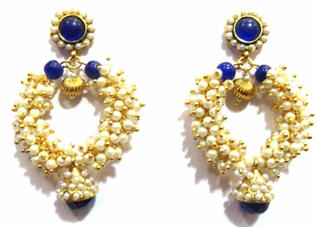 Jewelshingar Women's Antique Gold Plated Polki Kundan Moti Blue Colour Earrings Danglers Jhumki Jewellery ( 8330-pe-blue ) - JEWELSHINGAR