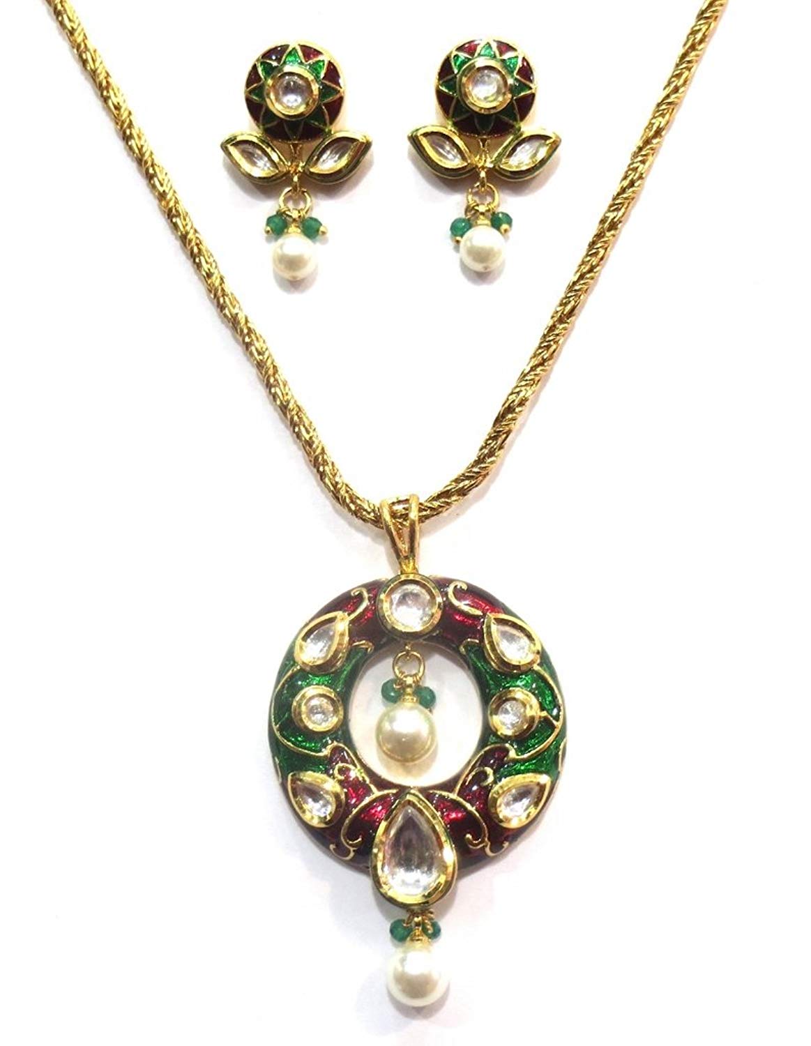 Jewelshingar Jewellery Antique Gold Plated Fine Polki Kundan Pendant Set For Girls ( 17476-acs )